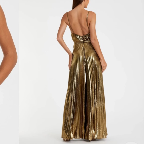 Mac Duggal Gold Metallic Pleated V-Neck Jumpsuit - Picture 3 of 9